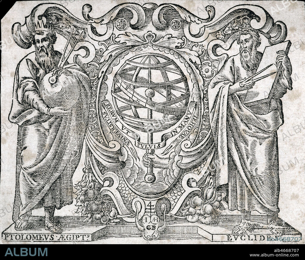 Claude PTOLEMEE d'Egypte et EUCLIDE autour d'une sphere armillaire, gravure vers 1700. Credit : Collection MX/KHARBINE-TAPABOR.