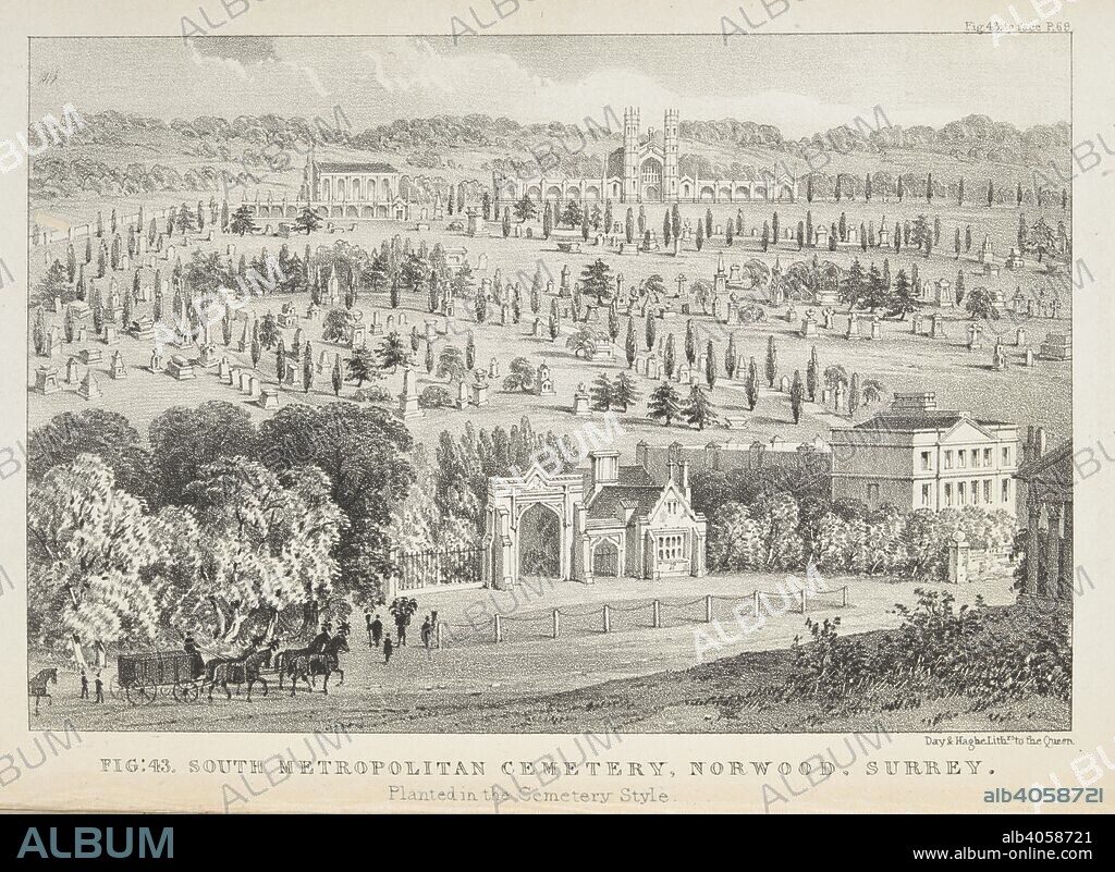 JOHN CLAUDIUS LOUDON. South Metropolitan cemetery. Planted in the pleasure-ground style. West Norwood Cemetery was also known as the South Metropolitan Cemetery. One of the first private landscaped cemeteries in London, it is now one of the Magnificent Seven cemeteries of London, and is a site of major historical, architectural and ecological interest. On the laying out, planting, and managing of Cemetries and on the improvement of Churchyards. With sixty engravings. London, 1843. Source: 1170.g.37 plate opposite page 69 Fig.42.