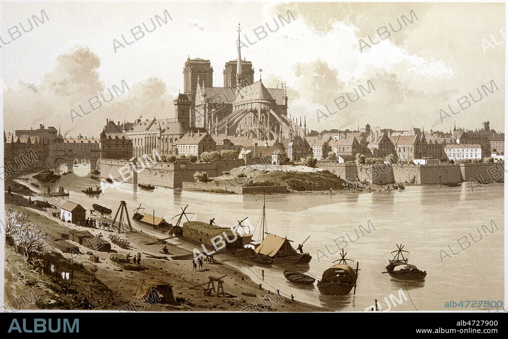 Notre Dame, l'eveche et le cloitre. Petit port et petit Chatelet vers 1595. Dessin tire de l'ouvrage Paris a travers les ages par l'architecte M.F. HOFFBAUER (1839-1920) vers 1875. Credit : Collection KHARBINE-TAPABOR.