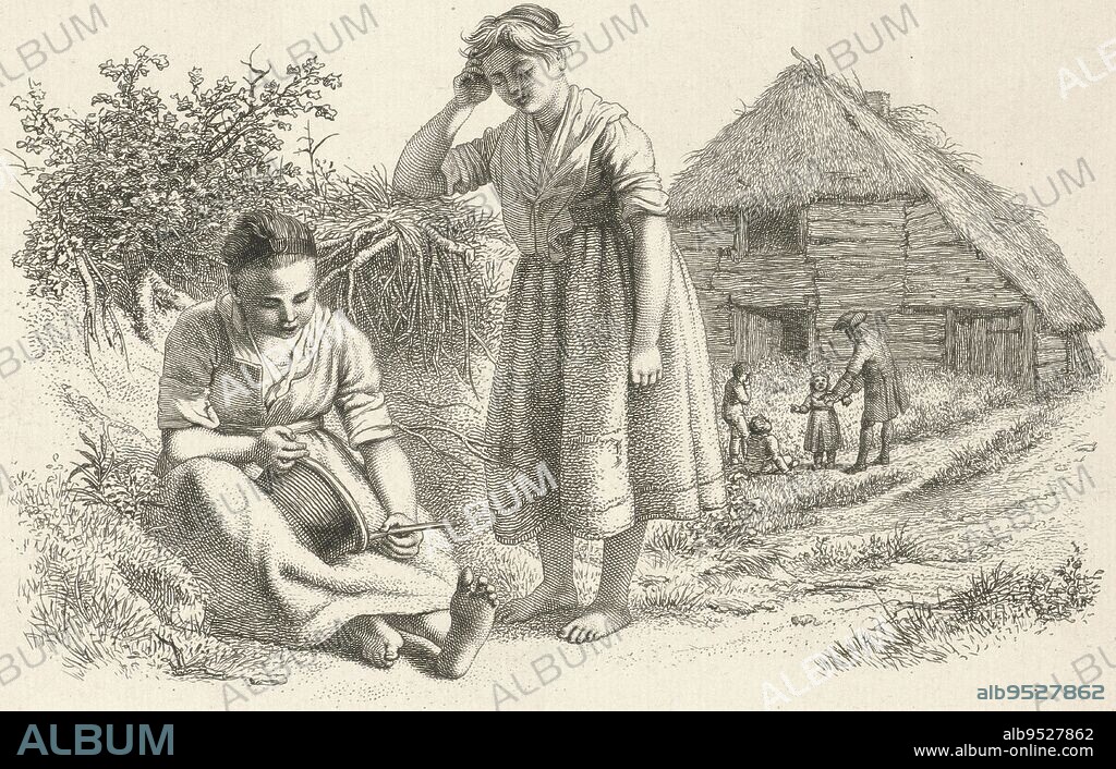 A seated and a standing young woman, both barefoot, with a farm barn in the background. Behind them a man with three children, Two women and a man with children in front of a farmer's barn Study printwork / Etudes grav, print maker: Jacob Ernst Marcus, Amsterdam, Feb-1815, paper, etching, h 143 mm × w 229 mm.