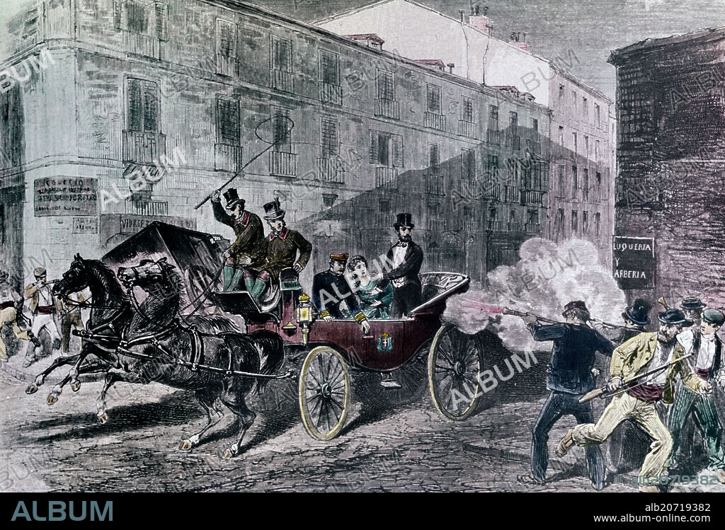 ATENTADO CONTRA AMADEO DE SABOYA Y SU ESPOSA EL 18 DE JULIO DE 1872 - LITOGRAFIA SIGLO XIX.