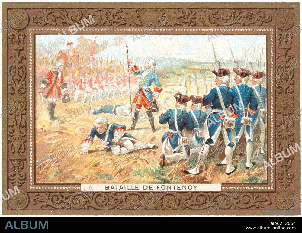 Guerre de succession d'Autriche 1741-48 / Bataille de Fontenoy, 11 mai 1745. - "Bataille de Fontenoy" (échange entre Lord Charles Hay et le comte d'Anterroches : " Messieurs les Anglais, tirez les premiers!"). Lithographie coul., anonyme, France v. 1890. Vignette d'une série sur l'Histoire de France. Paris, Collection particulière.
