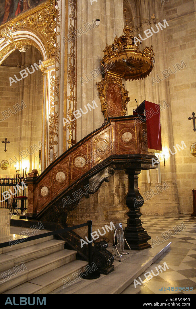 Almería, Andalusia, Spain, Europe.. Catedral de Santa María de la Encarnación (Cathedral of Saint Mary of the Incarnation). J XVI century - Spanish Renaissance. The pulpit.