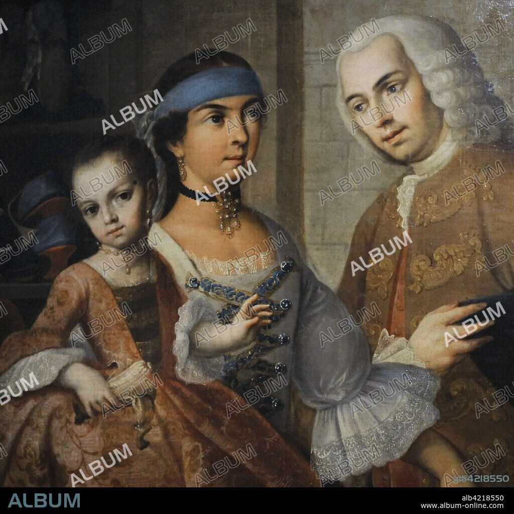 Castas: De español y mestiza, castiza. Detalle. Miguel Cabrera (1695-1768). Pintor novohispano, de estilo barroco. Virreinato de la Nueva España. México. 1763. América del Norte. Oleo sobre lienzo. Museo de América. Madrid. España.