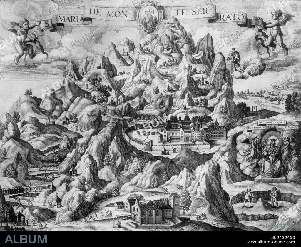 Montserrat monastery near Barcelona, Spain, important place for Ignatius of Loyola (1491-1556, founder of Jesuits), engraving.