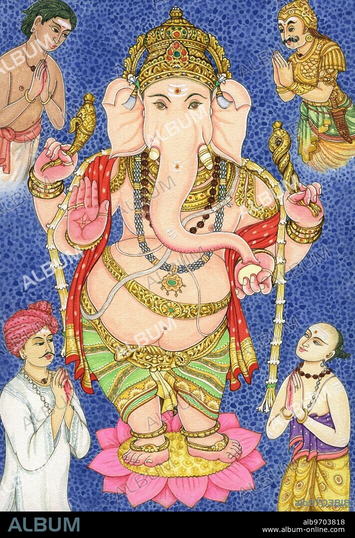 HAP-136829 : Ganesha - 10 Questions - noose - worship - goad - fruit - Hindu belief - Hindu - Hinduism - art - Artist Manivelu - Himalayan Academy art - Ganesh - prayers - lotus - devotees - flowers - all worship Ganesha - Lord of Obstacles - God - India - Indian art - Hindu art - religion - Hindu religion.