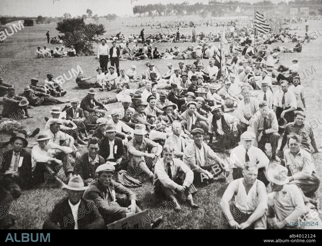 'Bonus Army' in Anacostia Park, Washington DC, USA, Great Depression, 1932. The 'Bonus Army' (Bonus Expeditionary Force) was a protest by First World War veterans (many of them made unemployed by the Great Depression), their families and supporters who demonstrated in Washington in the spring and summer of 1932. They demanded the immediate payment in cash of money due to them via Service Certificates granted by the Adjusted Service Certificate Law of 1924. The government insisted that the terms of the certificates meant that payment could not be made until they matured 20 years after they were issued. The demonstrations ended in violence after the government ordered forst the police, then the army, to clear the protesters from federal property. Four people were killed and over a thousand injured. Four years later, in 1936, Congress overrode a presidential veto to give the veterans early payment of their bonus.