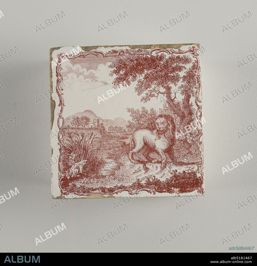 Tile, Sadler and Green, English, Elisha Kirkall, English, 1682 - 1742, Tin-glazed earthenware with transfer-printed decoration, Red transfer decoration on a white ground, showing landscape with mountains in left background; foreground with lion standing before a tree at right, and looking at a frog to its left; the scene surrounded by a framework of rocaille scrolls., Liverpool, England, ca. 1760, tiles, Decorative Arts, Tile.