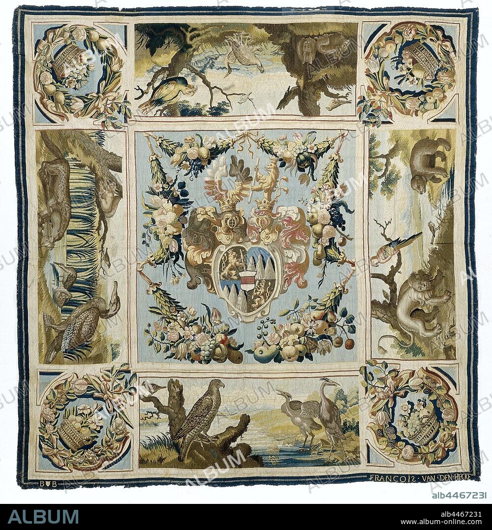 Tablecloth with the coat of arms of Johann Baptist Kaltschmidt von Eisenberg, secret council of Archduke Leopold Wilhelm, Tablecloth of tapestry fabric with in the center the coat of arms of Johann Baptist Kaltschmidt von Eisenberg (1604-1662) with heart shield Austria on pale blue ground, on the hanging sides with animals in a landscape and in the corners with a basket of flowers and fruits within a wreath of leaves, flowers and fruits., Frans I van den Hecke, Brussels, c. 1646 - c. 1659, ketting, inslag, tapestry, h 276.5 cm × w 263 cm.