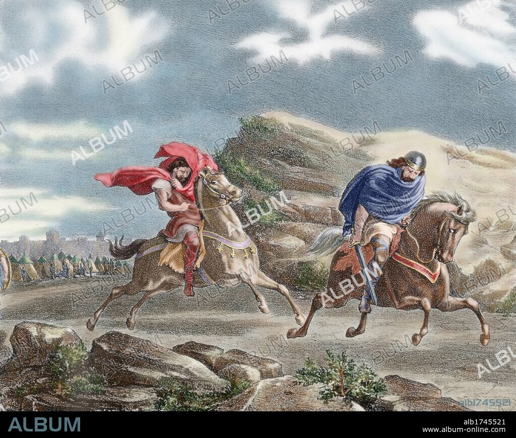 SUINTILA (m. después de 633). Rey visigodo (621-631), elegido a la muerte de Recaredo II. Fue desposeído de sus bienes y excomulgado por el IV Concilio de Toledo (año 633). S. VII. "FUGA DE SUINTILA Y SU HIJO". Grabado coloreado del siglo XIX.