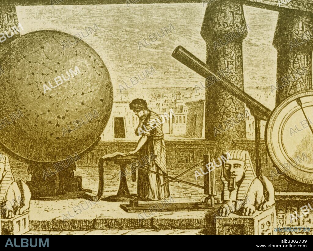 Claudius Ptolemy (AD c100-170), Greek-Egyptian astronomer, geographer and mathematician at his observatory in Alexandria, Egypt. Among the instruments seen here are Ptolemy's rulers (lower center) and a copper disc (far right), which he used to demonstrate the law of reflection. At this observatory Ptolemy made the observations that supported Earth-center models of solar and planetary motion. This view dominated astronomical thinking until the mid 16th century. Engraving from Vies des Savants Illustres (1877).
