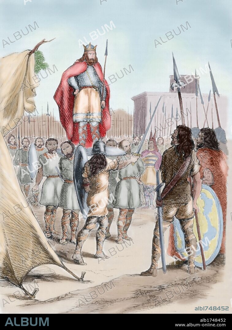 Wamba (died 687). Visigothic king of Hispania, Septimania and Galicia from 672 to 680. Wamba is elected the king. Colored engraving.