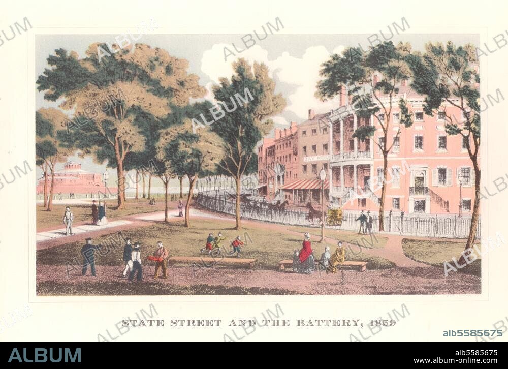 ANONYMOUS. New York (USA), State Street. "State Street and the Battery, 1859". Chalk lithograph, coloured.