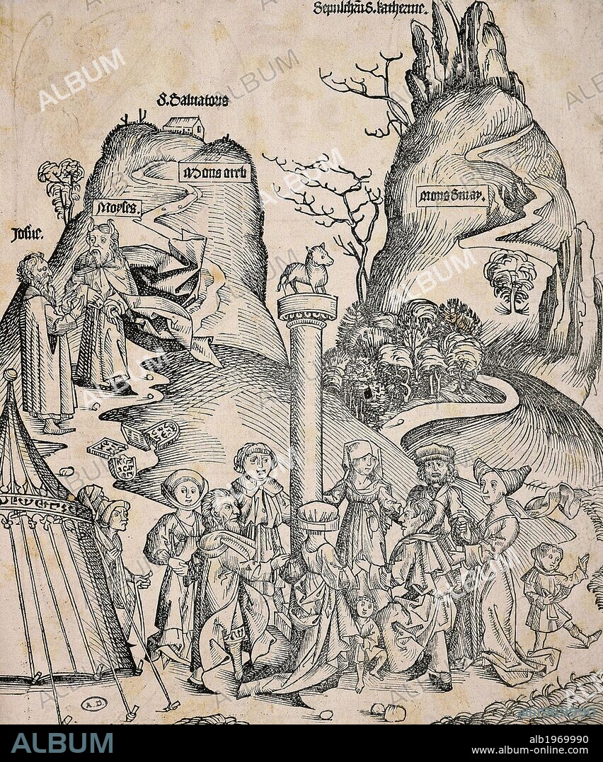 The dance around the golden calf, 15th century, engraving from a German Bible.
