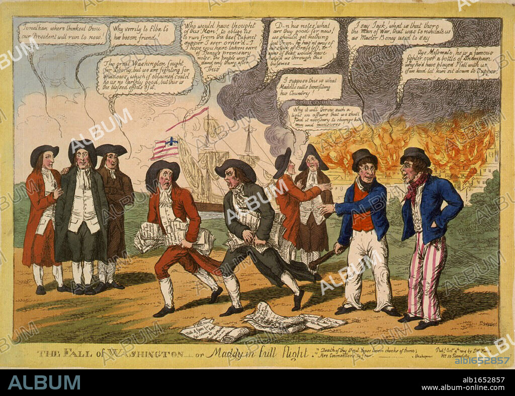 Anglo-American War 1812-1815 (War of 1812). James Madison, Fourth President of the United States, and possibly John Armstrong his Secretary of War, fleeing Washington, 24 August 1814 during the British attempt to burn the city. Cartoon, London 1814.