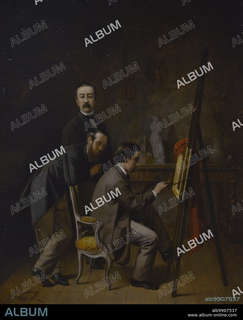 EDUARDO ZAMACOIS Y ZABALA (1841-1871). SPANISH PAINTER.. Eduardo Zamacois y Zabala (1841-1871). Pintor español. El autor y sus amigos, 1862. Oleo sobre tabla, 27 x 21,5 cm. Museo del Prado. Madrid. España.