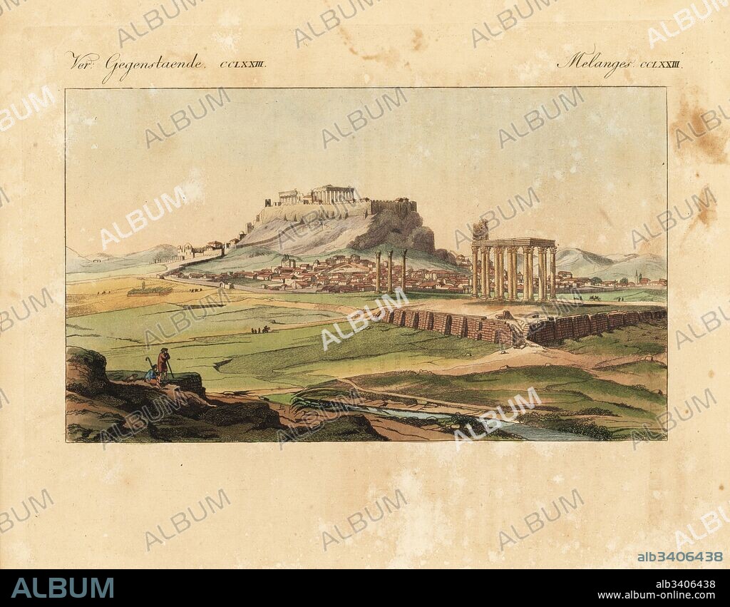 Modern Athens built from the ruins of ancient Athens, 1800. View from the south-east showing the Temple of Olympian Zeus and its three columns in the foreground, the Arch of Hadrian, and the Acropolis and Parthenon on the hill. Handcoloured copperplate engraving from Friedrich Johann Bertuch's Bilderbuch fur Kinder (Picture Book for Children), Weimar, 1823.
