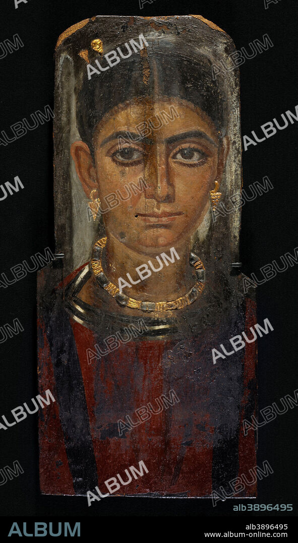 UNKNOWN ARTIST. Portrait of a Woman. Date/Period: 130 - 161. Painting. Encaustic on wood panel with gilt stucco Encaustic on wood panel with gilt stucco. Height: 444.50 mm (17.50 in); Width: 171.45 mm (6.75 in).
