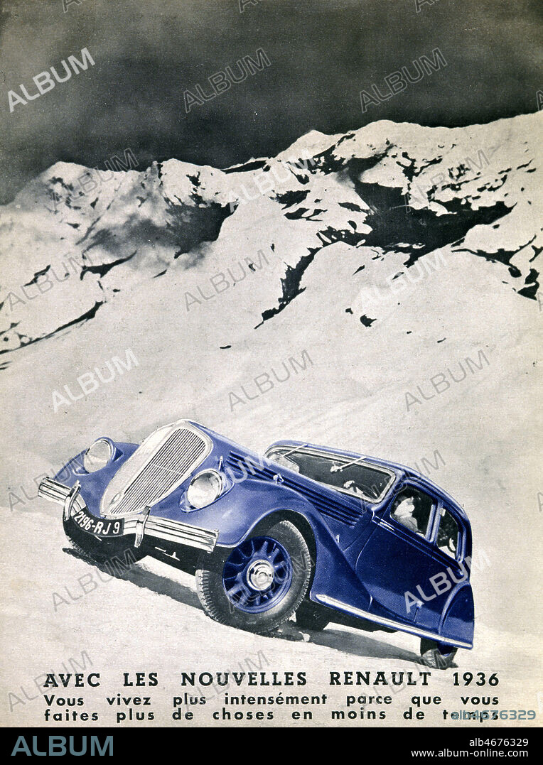 'Avec les nouvelles Renault 1936 vous vivez plus intensement parce que vous faites plus de choses en moins de temps'. Publicite de 1936 pour RENAULT. Credit : Collection KHARBINE-TAPABOR.