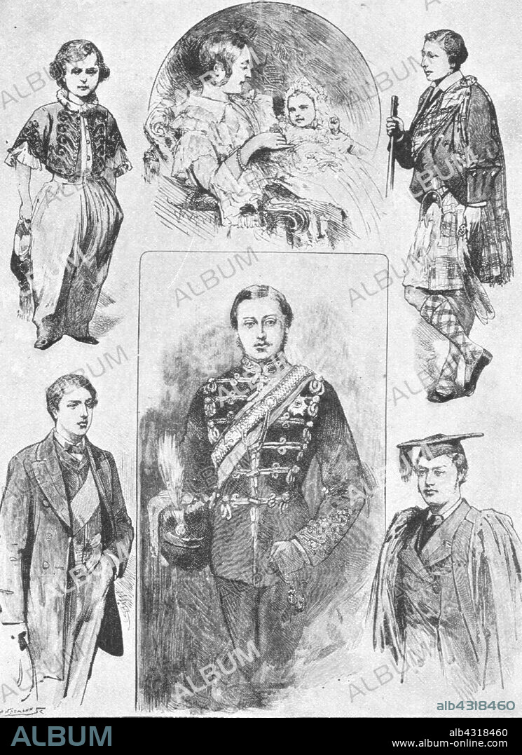 'The Prince of Wales in his Early Days', (1901). Prince Albert Edward (1841-1910), the future King Edward VII, shown as a baby with his mother Queen Victoria, as a child, in Highland dress, in military uniform, and in academic robes. From "The Illustrated London News Record of the Glorious Reign of Queen Victoria 1837-1901: The Life and Accession of King Edward VII. and the Life of Queen Alexandra". [London, 1901].