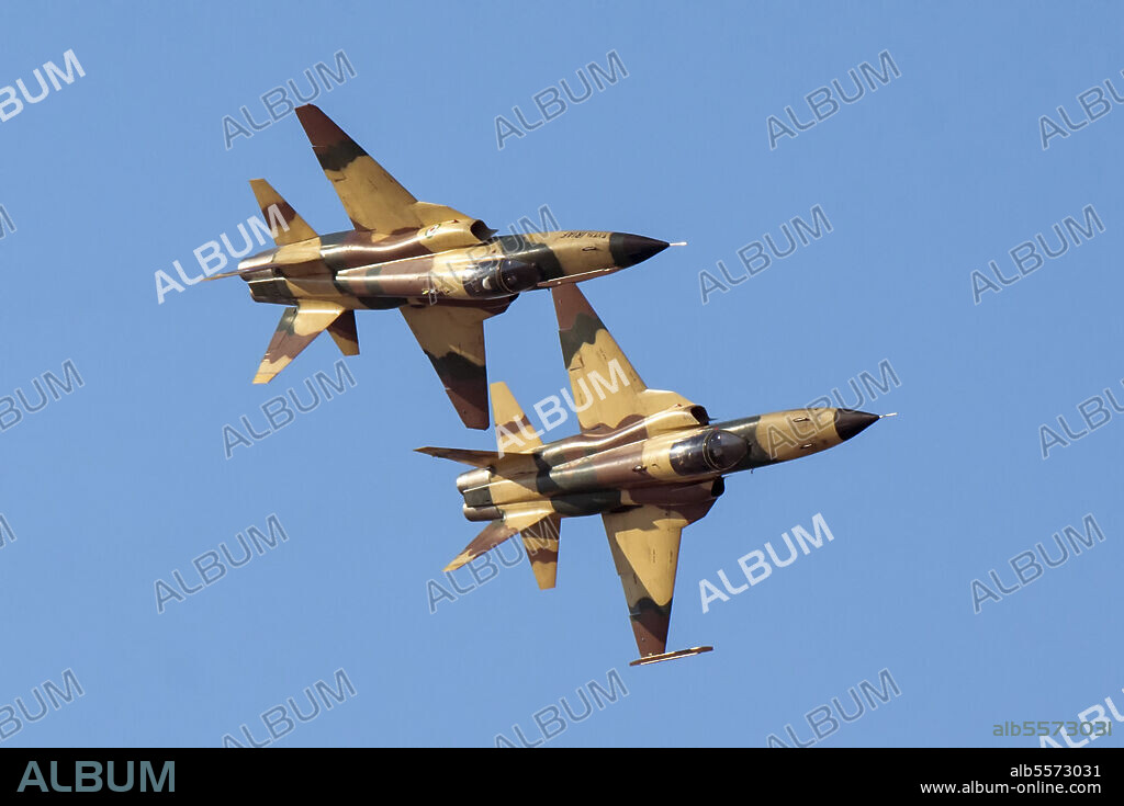 A pair of Islamic Republic of Iran Air Force (IRIAF) HESA Saegheh I aircraft carried out a series of maneuvers in pairs and very low passages, offering a very energetic show during the Iran Airshow 2018.