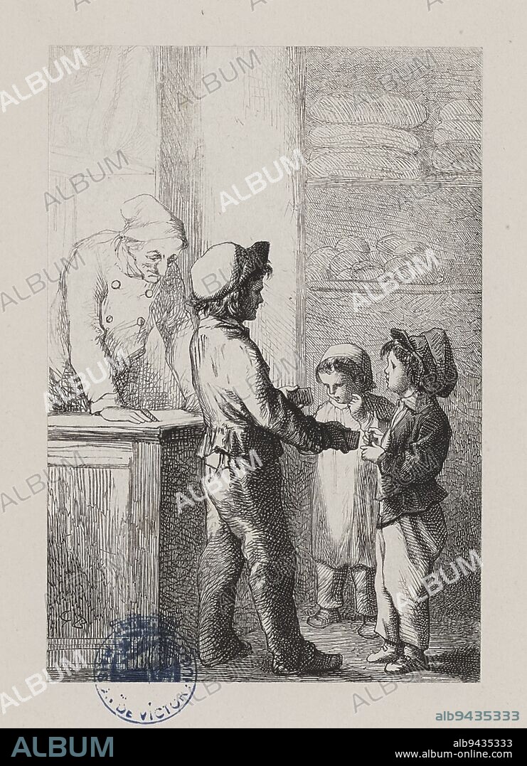 Les Misérables, Part Four, Book Six, Chapter II, Eat!, Yon, Edmond Charles Joseph, Engraver, Perrichon, Jules-Léon, Engraver, Brion, Gustave, Author of the model, Bonaventure et Ducessois (imprimerie), Printer, Hetzel, Pierre-Jules, Publisher, Lacroix, Albert, Publisher, Circa 1865, 3rd quarter of the 19th century, House of Victor Hugo - Hauteville House, Graphic arts, Print, Woodcut, Height: 13 cm, Width: 9 cm.