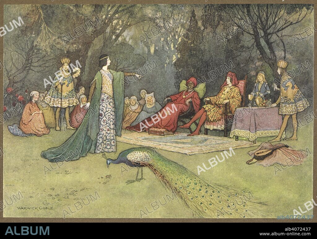 GIOVANNI BATTISTA BASILE and WARWICK GOBLE. Zoza denouncing the Slave, from the Conclusion. Stories from the Pentamerone ... Selected and edited by E. F. Strange. Illustrated by Warwick Goble. (Translation by John Edward Taylor. Edition de luxe.). London : Macmillan & Co., 1911. Source: LR.26.d.10 plate 32 opp. page 302.