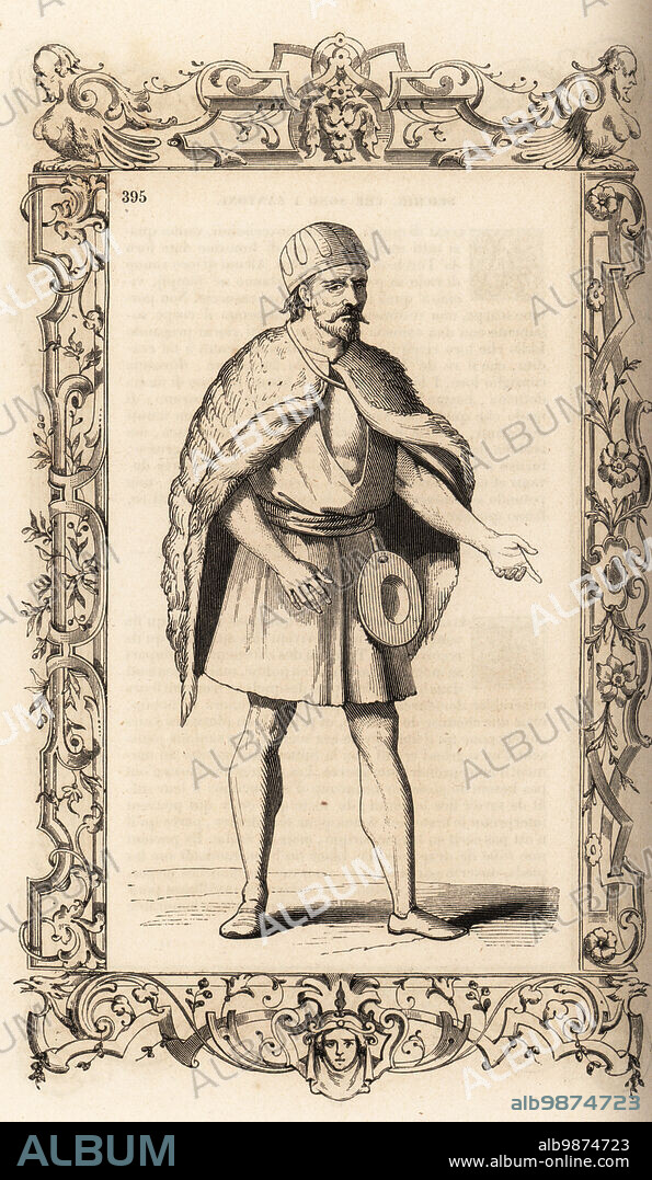 Costume of a Dervish, Ottoman Empire, 16th century. He wears a blue or red cap, coarse tunic, sheepskin cape, wooden bowl hanging from a leather belt. Derviches. Within a decorative frame engraved by H. Catenacci and Fellmann. Woodblock engraving by Gerard Seguin and E.F. Huyot after a woodcut by Christoph Krieger from Cesare Vecellios 16th century Costumes anciens et modernes, Habiti antichi et moderni di tutto il mondo, Firman Didot Ferris Fils, Paris, 1859-1860.