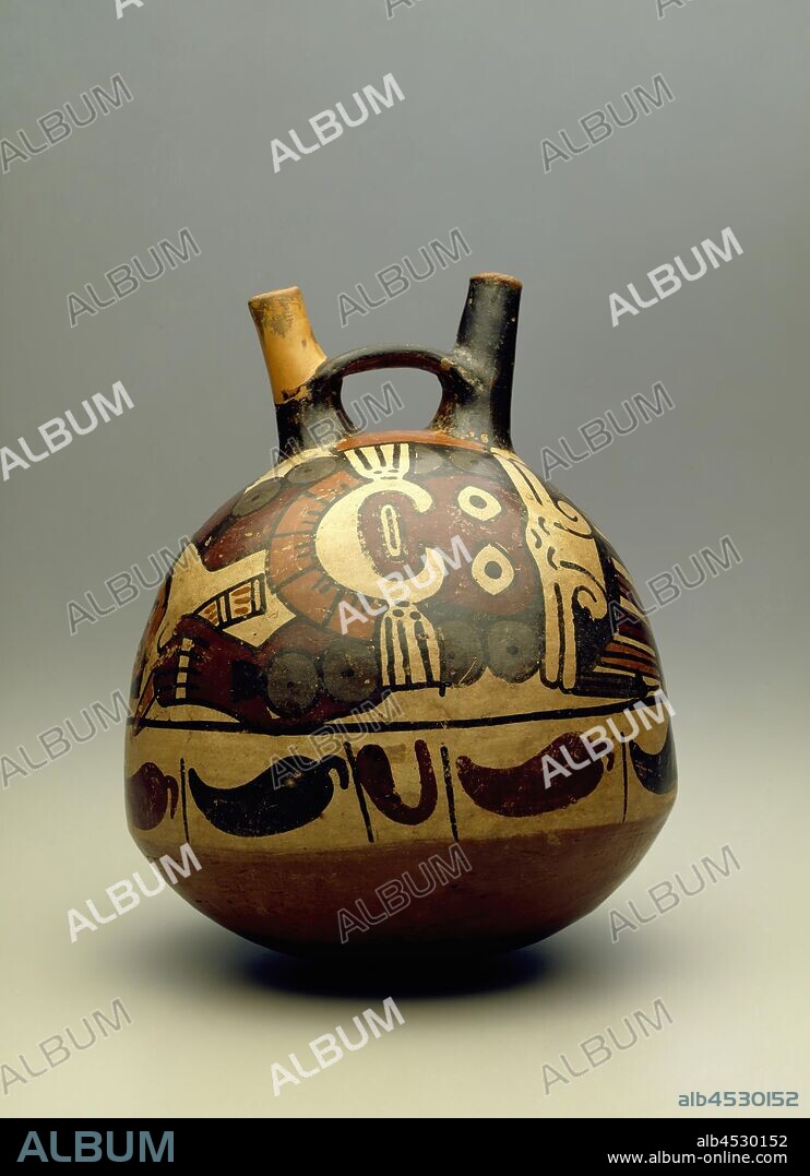 Nazca South Coast, Precolumbian, Painted Stirrup Bottle, between 200 BCE and 600 CE, painted earthenware, Overall: 8 3/4 × 7 × 7 1/4 inches (22.2 × 17.8 × 18.4 cm).
