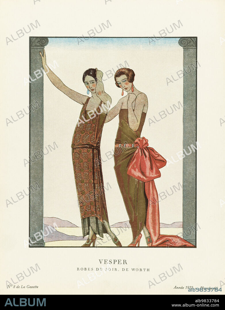 EDITORIAL La Belle Dame Sans Merci. A Beautiful, Merciless Woman. Robe du Soir, de Worth. Evening dress by Worth. Art-deco fashion illustration by French artist George Barbier, 1882-1932. The work was created for the Gazette du Bon Ton, a Parisian fashion magazine published between 1912-1915 and 1919-1925.