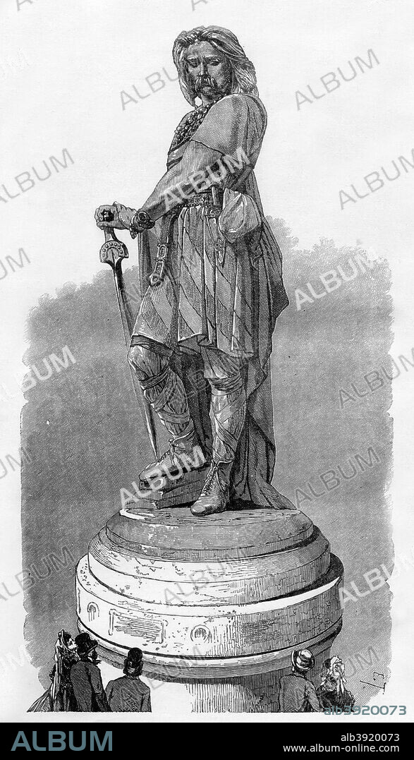 Vercingetorix Memorial at Alesia, near Dijon, France, 1882-1884. The Gallic chieftain Vercingetorix was chosen as king by the Arverni, a powerful tribe that occupied what is now the Auvergne. In 52 BC he led the Arverni against Roman rule but was ultimately defeated and captured by Julius Caesar at Alesia (near Dijon). Vercingetorix was then taken to Rome, where, after five years imprisonment, he was humiliated by being paraded as evidence of Rome's greatness, and was then put to death. A print from La France et les Français à Travers les Siècles, Volume I, F Roy editor, Saint-Antoine, 1882-1884.