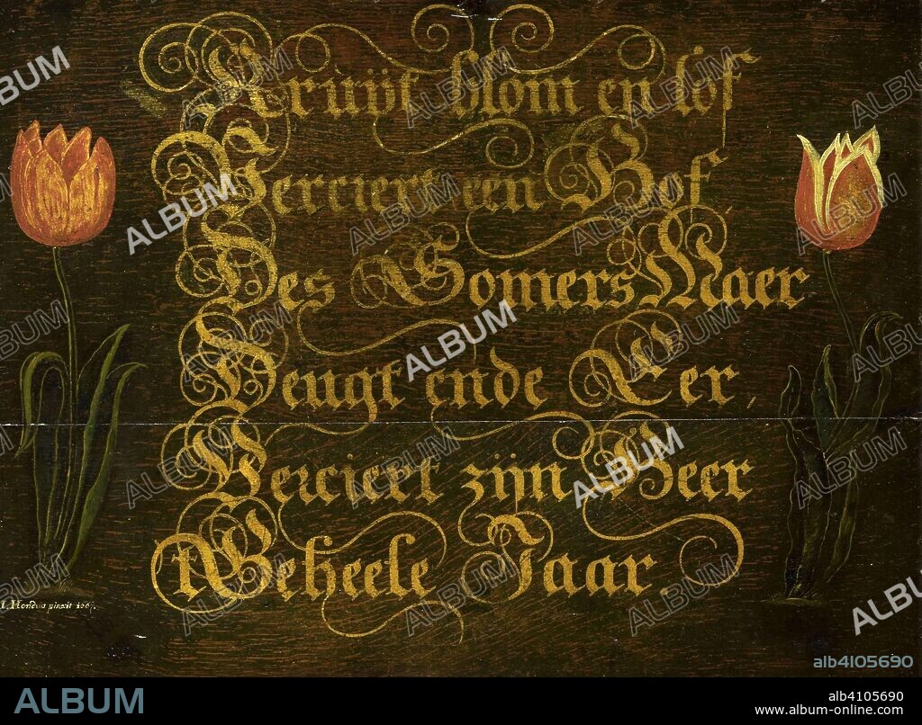 ISAAC HONDIUS. A Calligraphic Maxim, Flanked by Tulips. Dating: 1667. Measurements: h 46.5 cm × w 62 cm; d 3.5 cm.