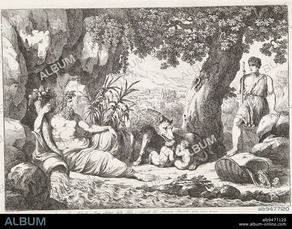 Romulus and Remus are found by Faustulus, Bartolomeo Pinelli, 1818, A landscape with the twins Romulus and Remus being suckled by the Lupa Capitolina. The shepherd Faustulus finds the twins. On the left is a river god (the Tiber)., print maker: Bartolomeo Pinelli, (mentioned on object), Bartolomeo Pinelli, (mentioned on object), Rome, 1818, paper, etching, h 330 mm × w 444 mm.