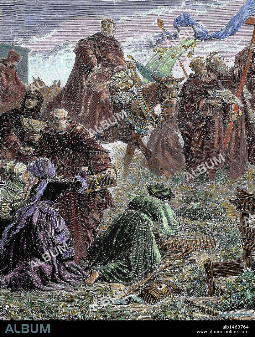 Johann Tetzel Selling Indulgences in Saxony. Tetzel (ca. 1460-1519), a Dominician monk, promoted the sale of indulgences to save peoples souls in their afterlife. Colored engraving 1880.