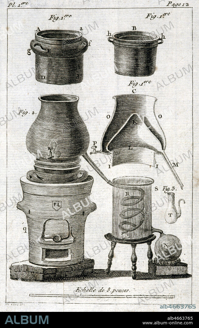 Alambic a pharmacie, 'echelle de 3 pouces', gravure de 1770 in Elements de pharmacie. Credit : Coll. Diry/KHARBINE-TAPABOR.