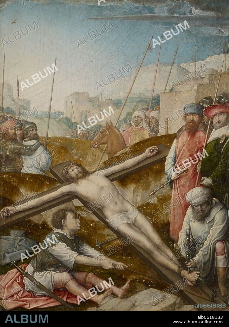 JUAN DE FLANDES. 'Cristo es clavado en la cruz', Retablo de Isabel la Católica, hacia 1496-1504, Óleo sobre tabla, 20 x 15 cm.
