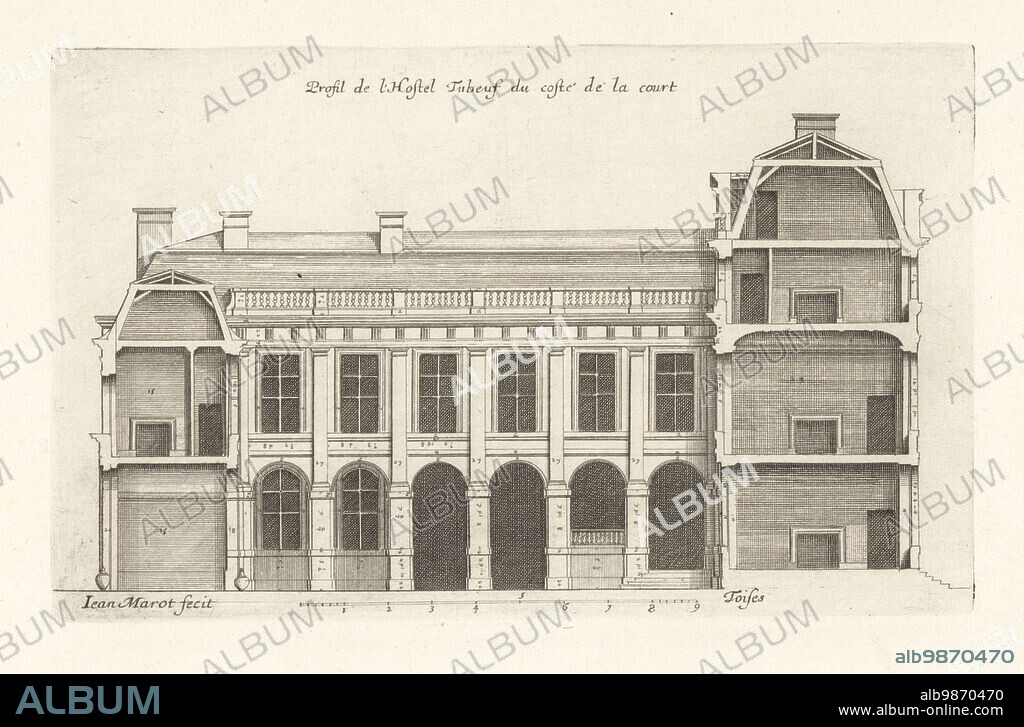 Profile of the courtyard side of the Hotel Tubeuf (now Hotel Colbert de Torcy), a grand house or hotel particulier at 16 rue Vivienne, built in 1635 by architect Jean Thiriot, and purchased by financier Jacques Tubeuf. Profil de l'Hostel Tubeuf du coste de la court. Copperplate engraving drawn and engraved by Jean Marot from his Recueil des Plans, Profils et Elevations de Plusieurs Palais, Chasteaux, Eglises, Sepultures, Grotes et Hotels,Collection of Plans, Profiles and Elevations of Palaces, Castles, Churches, Tombs, Grottos and Hotels, chez Mariette, Paris, 1655.