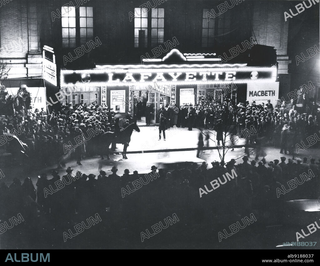 Crowd outside the Lafayette Theatre, in Harlem, at the opening of "Macbeth" produced by the WPA Federal Theatre Project, 1936.