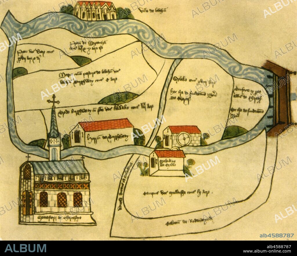 Map of Chertsey Abbey, 1432, (1944). Plan of Chertsey Abbey and estate in Surrey, showing the Benedictine monastery, Oxlake Mill, bridge over the river Thames, the village of Laleham, Burghwey Barn and Redewynd Causeway. Manuscript in the National Archives at Kew, London. From "British Maps and Map-Makers", by Edward Lynam. [Collins, London, 1944].
