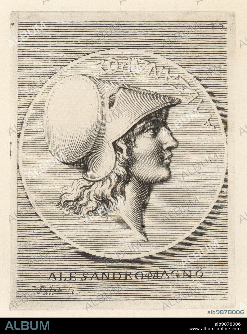 Profile portrait of Alexander the Great, Alexander III of Macedon, 356 323 BC, king of the ancient Greek kingdom of Macedon. Wearing a Corinthian helmet without crest or crown. From a silver coin in the collection of Gio. Pietro Bellori. Alessandro Magno. Copperplate engraving by Guillaume Vallet after Giovanni Angelo Canini from Iconografia, cioe disegni d'imagini de famosissimi monarchi, regi, filososi, poeti ed oratori dell' Antichita, Drawings of images of famous monarchs, kings, philosophers, poets and orators of Antiquity, Ignatio deLazari, Rome, 1699.