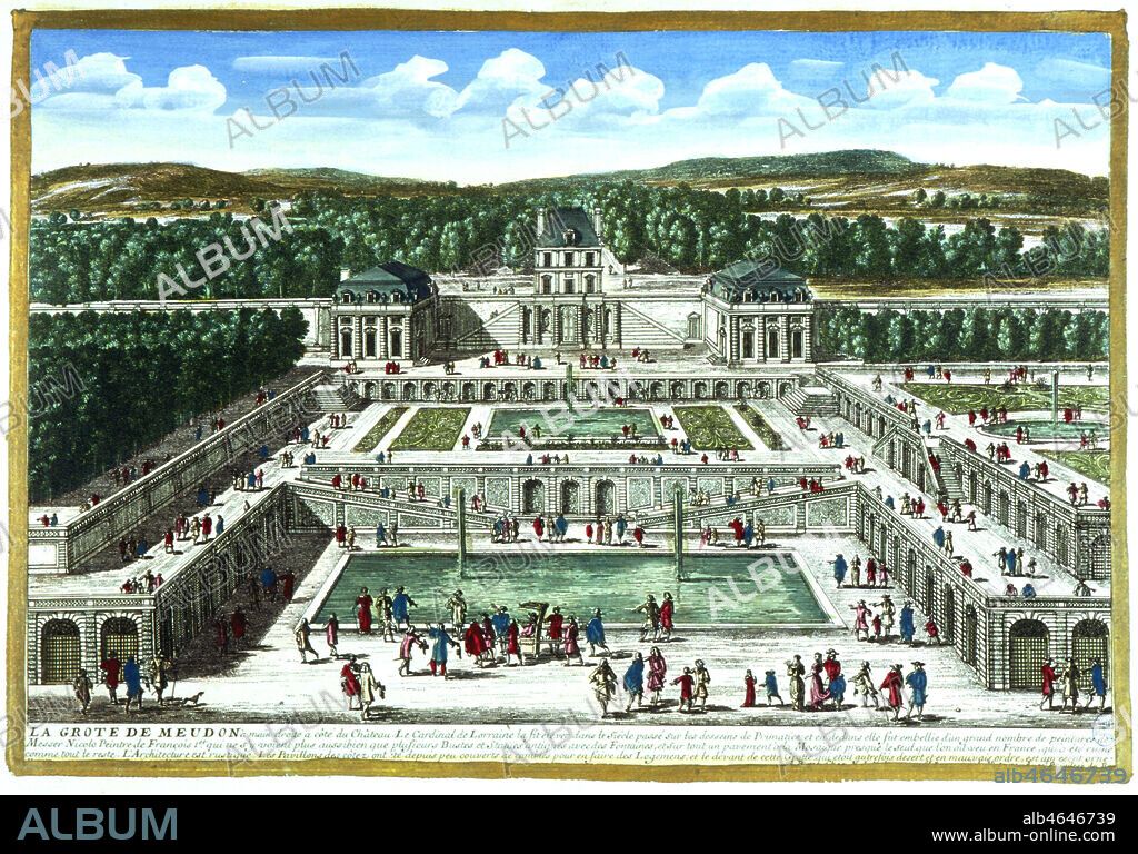 'La grotte de Meudon' ; Louis XIV (1638-1715) acheta le chateau de Meudon a la Marquise de Louvois en 1695, a l'intention de son fils le Grand Dauphin. Des travaux y sont entrepris par Jules Hardouin-Mansart (1648-1708) ; in 'Vues des belles maisons de France', estampe de Gabriel Perelle (1604-1677), 1680, N. Langlois. Credit : Coll. BHVP-Grob/Kharbine-Tapabor.