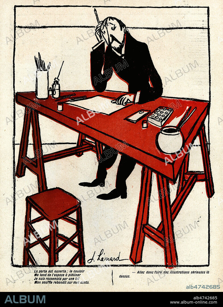 'La porte ouverte : le couloir / Me tend de l'espace a pietiner / Je suis rassemble par une loi / Mon souffle rebondit sur mes dents' : poete au travail a son bureau. Illustration par J. HEMARD (1880-1961 = ADAGP) pour L'Assiette au Beurre du 28 juillet 1912, numero intitule 'Poetes'. Credit : Collection KHARBINE-TAPABOR.