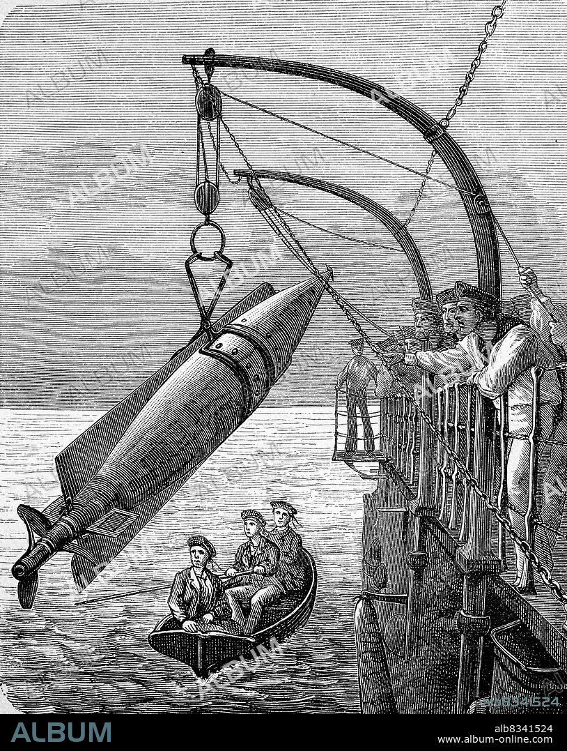 Auslegen des Fischtorpedo von Giovanni Luppis und Robert Whitehead / Laying out the fish torpedo by Giovanni Luppis and Robert Whitehead, Historisch, historical, digital improved reproduction of an original from the 19th century / digital restaurierte Reproduktion einer Originalvorlage aus dem 19. Jahrhundert, genaues Originaldatum nicht bekannt.
