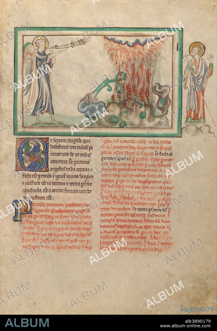 UNKNOWN. The First Trumpet: Hail and Fire Fall from Heaven. Date/Period: Ca. 1255 - 1260. Folio. Tempera colors, gold leaf, colored washes, pen and ink on parchment. Height: 319 mm (12.55 in); Width: 225 mm (8.85 in).