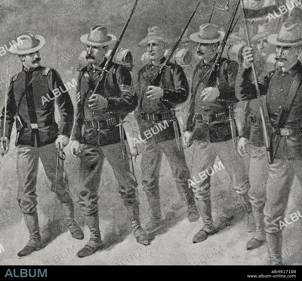 Guerra hispano-estadounidense. Conflicto bélico entre España y Estados Unidos en 1898, resultado de la intervención norteamericana en la guerra de independencia cubana. Estados Unidos. El Regimiento de Infantería de Línea número 13. En junio de 1898 fue enviado a Cuba. Fotograbado. La Ilustración Española y Americana, 1898.