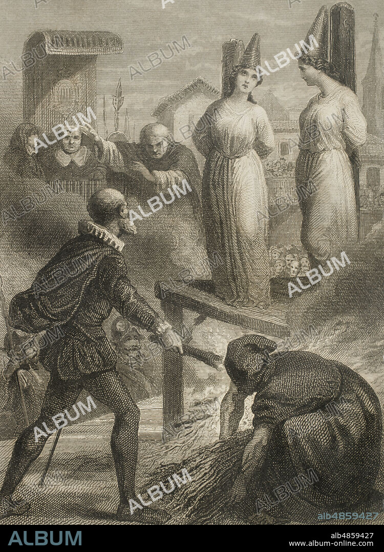 JOAQUÍN FURNÓ I ABAD (1832-1918). SPANISH ENGRAVER.. Spanish Inquisition. Auto-de-fe in Valladolid in 1581. A gentleman in the city of Valladolid denounced his two daughters because they were followers of Luther's doctrines. They were imprisoned by the Holy Office and locked up in dungeons. The friars tried in vain to bring them back to Catholicism. Seeing the futility of the situation, their father urged the judges to condemn his daughters, sentencing them to death, and it was he himself who cut the wood to set them on fire. Engraving by J. Furnó. Historia de las persecuciones políticas y religiosas en Europa (History of political and religious persecutions in Europe). Volume III. Published in Barcelona, 1864.