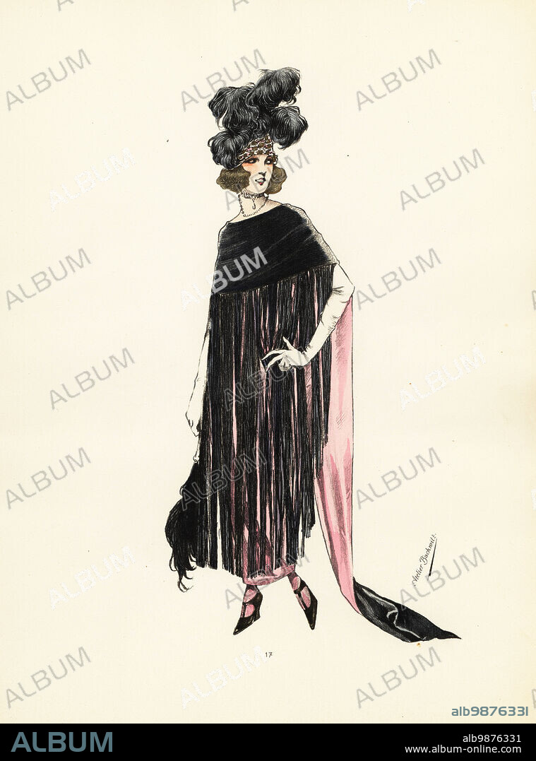 Woman in Domino fancy dress costume of red crepe satin with black silk fringe, holding a large plumed Domino mask. Domino en crepe satin rouge et noir. Large etoile, prolongee en traine d'un cote, franges de soie noires. Handcoloured pochoir lithograph from Le Carnival Parisien, Volume 10, a special edition of Chic Parisien, published by Atelier Bachwitz, Vienna, 1920.