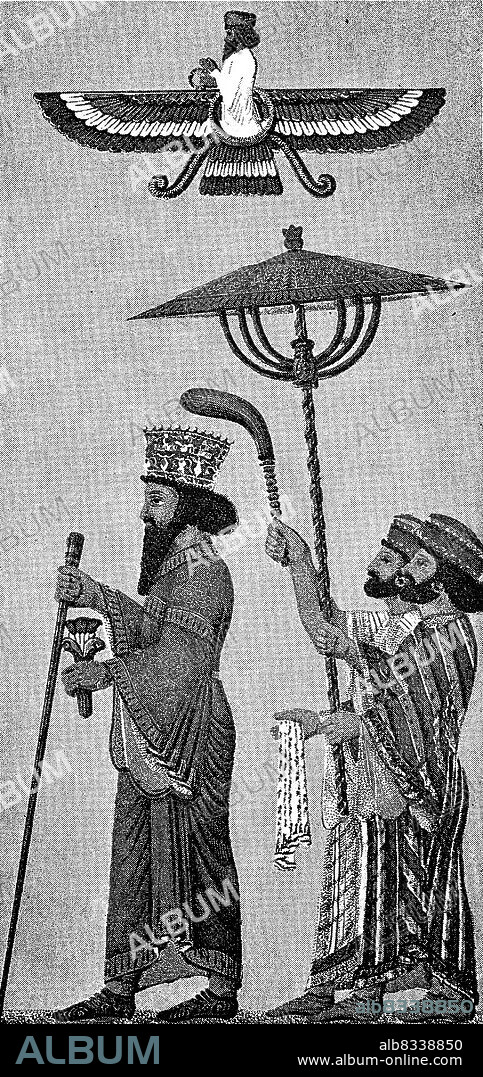 Dareios mit seinem Schirmtr§ger, nach einer Darstellung im Palast zu Persepolis, Persien, Dareios I, 549 v. Chr. - 486 v. Chr., oft auch Dareios der Groüe genannt, war ab 522 v. Chr. Groüknig des persischen Ach§menidenreich / Darius with his umbrella bearer, according to a depiction in the palace at Persepolis, Persia, Darius I, 549 BC - 486 BC, often called Darius the Great, was Great King of the Persian Achaemenid Empire from 522 BC, Historisch, historical, digital improved reproduction of an original from the 19th century / digital restaurierte Reproduktion einer Originalvorlage aus dem 19. Jahrhundert, genaues Originaldatum nicht bekannt.