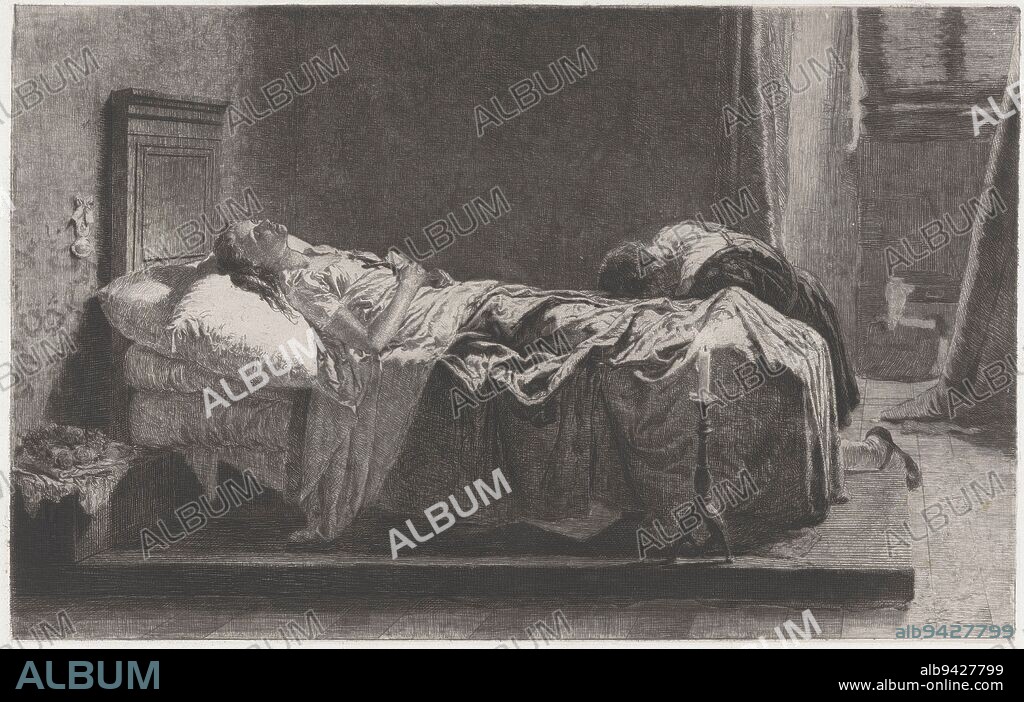 A young woman lies on her deathbed. A man (possibly the artist Jacopo Tintoretto) kneels down at the foot of the bed, his head bent forward. On the left is a rosary and a holy water vessel hangs on the wall, Young woman on her deathbed La morte della figlia del Tintoretto, print maker: Eleuterio Pagliano, (mentioned on object), Eleuterio Pagliano, Italy, in or after 1861, paper, etching, h 374 mm × w 530 mm.