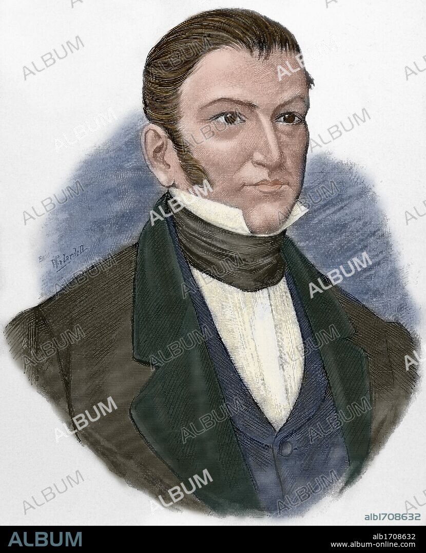 BRAVO, Nicolás (Chilpancingo, México, 1790-1854). Patriota mexicano que luchó, junto a Morelos, en las filas del movimiento revolucionario. Fue varias veces presidente interino de México y tomó parte en la guerra contra Estados Unidos. Grabado coloreado de "Americanos célebres", 1888.